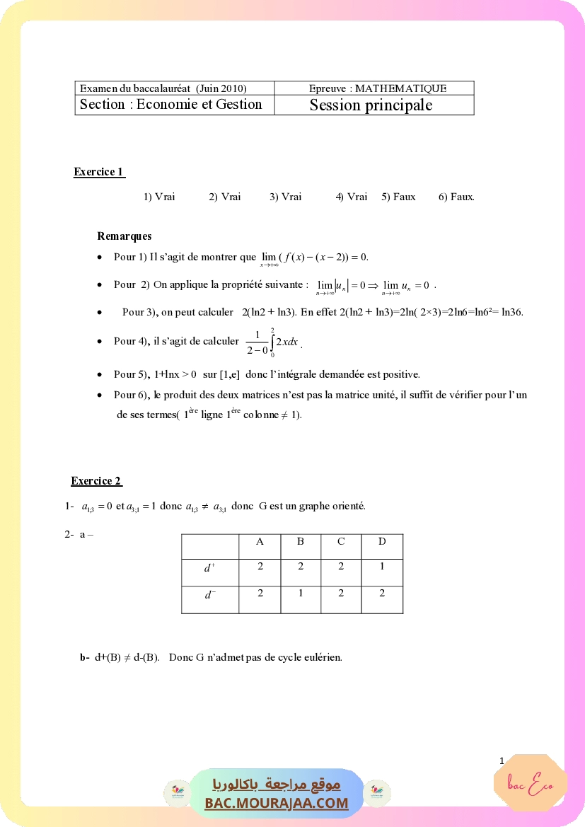 Corrigé principale math Bac 2010 – Section eco
